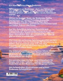 Ein Abenteuerbuch vom Bodensee. Pastellfarbenes Bild mit einem lachenden Delfin, einer Fähre und einem Leuchtturm.