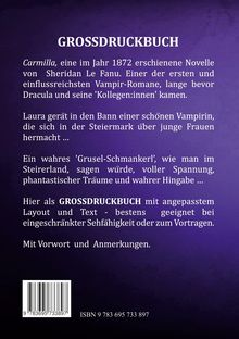 Text über Carmilla, eine Novelle von 1872 über eine Vampirin, in einer großformatigen Ausgabe. Enthält ISBN. Hintergrund lila.