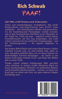 Ein Buchcover mit dem Titel "Rich Schwab PAAF!", gefolgt von einer Beschreibung über ein Anti-Atom-Festival im Juli 1986. Unten ist ein Barcode.