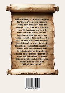 Ein abgenutztes Papier zeigt Text über Buffalo Bill Cody, seine Show, persönlichen Kampf und den Zerfall seines Ruhms. Darunter ein Barcode.