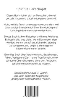 Titel: "Spirituell erschöpft". Beschreibung eines Buches über Erschöpfungssuche, Verantwortung, Beziehungen. Altersempfehlung: ab 21. Strichcode unten.
