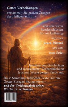 "Gottes Verheißungen" zeigt einen Mann mit Stab, der auf eine leuchtende Stadt unter einem Regenbogen blickt.