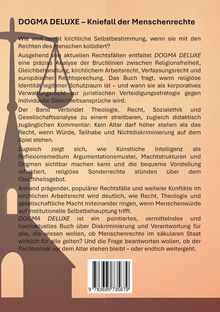 Titel: DOGMA DELUXE – Kniefall der Menschenrechte.  
Text diskutiert Kirchengeltung vs. Menschenrechte.  
Links eine stilisierte Waage.