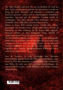 Texte beschreiben eine düstere Fantasy-Welt voller Konflikte und Loyalität. Hintergrund in rot-schwarzen Tönen.