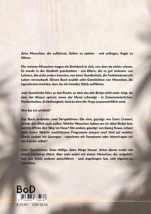 Texte: "Zehn Menschen, die aufhörten, Rollen zu spielen." Buchrückseite mit Barcode und Preisangabe. Beige Hintergrund.
