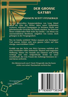 Grüner Hintergrund, goldene Art-Deco-Elemente, Text zu "Der große Gatsby" und eine Zusammenfassung des Romaninhalts.