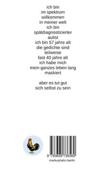 Text beschreibt das Leben im Autismus-Spektrum, späte Diagnose, Maskierung. Unten ein Hahn-Logo und ein Barcode.