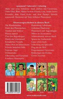 Spannend, lehrreich, vielseitig: Abenteuergeschichten mit Maku und Anak. Unten sind Illustrationen von Figuren mit ihren Namen.