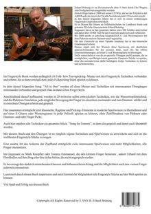 Ein Mann spielt Gitarre in einem Raum voller Audioequipment. Texte erklären seine Gitarrentechniken und Lehrmethoden.