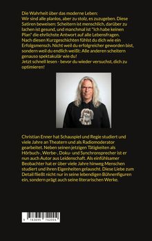Gelber Text: Satiren über das moderne Leben und menschliches Scheitern. Foto: Person mit langem Haar und Hundepullover.