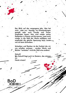 Texte beschreiben Gedanken zu Vergangenheit, Poesie und Freiheit. Rote Spritzer und schwarze Linien als Gestaltungselemente.