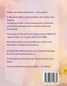 Text über ein Kinderkochbuch voll magischer Rezepte, begleitet von einem romantischen, pastellfarbenen Hintergrund.