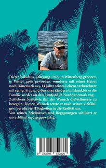 Text über Dieter Nikolaus, geboren 1946 in Wittenberg. Oben Bild von einem Mann auf einem Boot, karibisches Design.