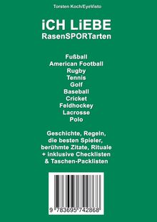 Text: Ich Liebe Rasensportarten. Fußball, Rugby, Tennis... Checklisten & Packlisten. Hintergrund grün, Barcode unten.