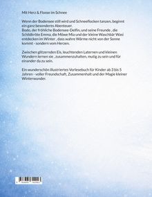Text beschreibt ein Kinder-Vorlesebuch über Freundschaft im Winter; Hintergrund in Blautönen mit schneeflockenartigem Muster.