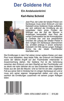 Titel: Der Goldene Hut. Untertitel: Ein Andalusienkrimi. Autor: Karl-Heinz Schmid. Ein Mann steht außen. ISBN und Barcode unten.