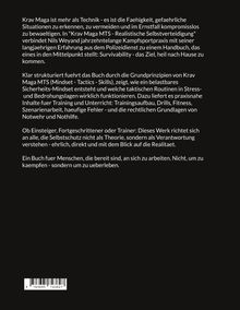 Text über Krav Maga als Technik zur Selbstverteidigung, Buchbeschreibung zu Training und Überleben, Barcodes unten links.