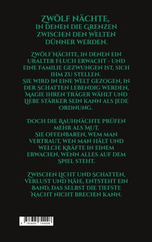 „ZWÖLF NÄCHTE, IN DENEN DIE GRENZEN ZWISCHEN DEN WELTEN DÜNNER WERDEN.“ Darunter mehr Text und ein Barcode darunter.