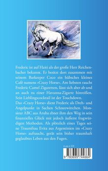 Frederic ist auf Haiti als der große Herr Reichenbacher bekannt. Illustration: Ein weißes Pferd auf blauem Hintergrund.