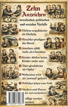 Ein Plakat mit der Überschrift "Zehn Anzeichen moralischen, politischen und sozialen Verfalls". Illustrationen begleiten jeden Punkt.