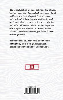 die geschichte eines jahres, in einem haiku pro tag festgehalten. logo: rotes „IR“, text auf weißem hintergrund.