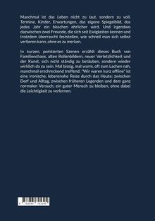 Ein rückseitiger Buchtext beschreibt das moderne Leben und die Herausforderungen des Menschseins mit Ironie und Humor.