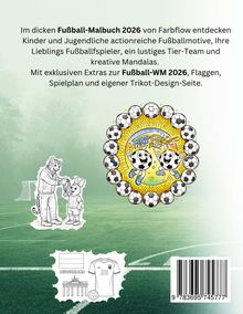 Text: "Im dicken Fußball-Malbuch 2026 von Farbflow..." Unten ein Fußballfeld, Illustrationen von Tieren und einem Trikot.