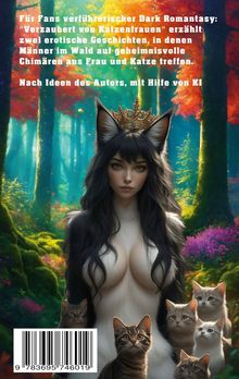 Text: Verführt von Katzenfrauen, zwei Geschichten von Männern im Wald. Darunter: Mischwesen aus Frau, Katze, Bäume und Katzen.