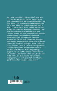 Text über Beziehung zu künstlicher Intelligenz und menschliche Fragen. Unten: "BoD" und Preisangabe, €16,90. Hintergrund: türkis.