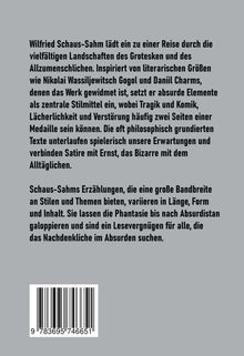 Ein Text beschreibt Wilfried Schaus-Sahms Erzählungen voller Groteskem und Absurdem. Ein Barcode ist darunter abgebildet.