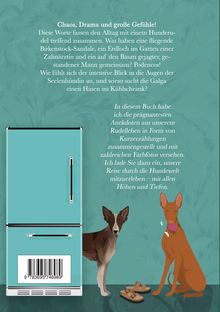 "Chaos, Drama und große Gefühle! Diese Worte fassen den Alltag mit einem Hunderudel treffend zusammen...". Illustration: Zwei Hunde vor einem Kühlschrank, Sandalen.