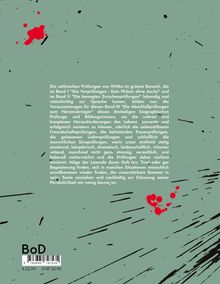 Ein beschreibender Text über die Prüfungen eines Helden, angereichert mit emotionalen und dramatischen Elementen. BoD-Logo. Preisangabe: € 22.99, CHF 32.90. Hintergrund in Grün mit roten Spritzern.