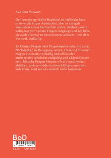 Text aus dem Vorwort über die Auswahl eines Buchtitels und das Nachdenken über Fragen, weiß auf rotem Hintergrund.
