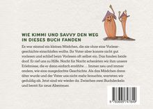 WIE KIMMI UND SAVVY DEN WEG IN DIESES BUCH FANDEN. Zwei fröhliche Figuren mit Hüten winken.