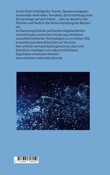 Text über futuristische Technologien und KI, Link: www.michael-rodewald-autor.de. Unten leuchtender, funkelnder Hintergrund.