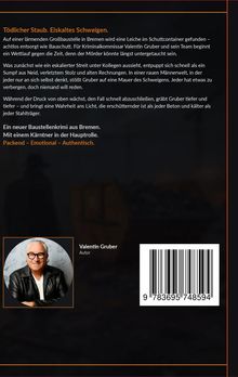 "Tödlicher Staub. Eiskaltes Schweigen." Text über einen Krimi in Bremen. Unten ein Foto von Valentin Gruber, Autor. Barcode rechts.