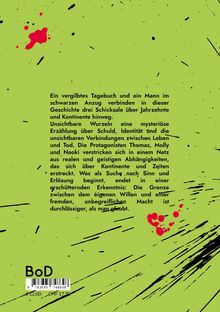 Ein Text über Schicksale und mysteriöse Verbindungen auf grünem Hintergrund, mit schwarzen und roten Spritzern verziert.