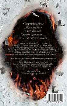 Eine Buchseite mit Flammenmotiven. Der Text beschreibt einen Fantasy-Konflikt voller Magie und Entscheidungen.