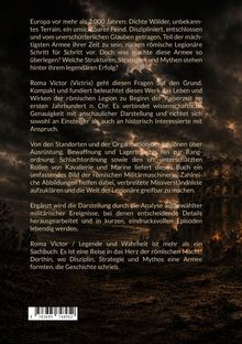Der Text beschreibt römische Legionen, Strukturen und Strategien. Im Hintergrund ist eine düstere Landschaft mit Ruinen.