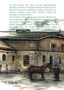 Text über den Ferienbauernhof Schmohrholm, Ort Leck. Illustration zeigt Mann mit Pferd vor einem Gebäude.