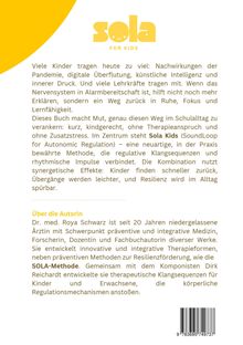 "Sola for Kids" Logo oben. Text über Stressbewältigung bei Kindern und Methode zur Regulation. Autorinfo zu Dr. med. Roya Schwarz.