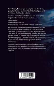 Texte beschreiben einen Science-Fiction-Thriller über KI, Macht und Verantwortung in einer futuristischen Welt.