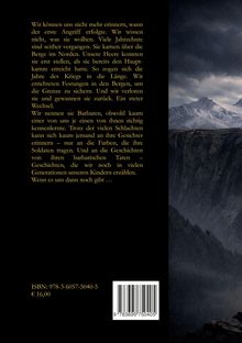 Text über Kriege gegen Barbaren. Szene: Dramatische Berge unter bewölktem, düsterem Himmel. ISBN und Preis unten.