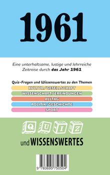 "1961" in großen Zahlen, Quiz-Themen: Kultur, Wissenschaft, Alltag, Politik, Sport. Bunte Abschnitte, Text-Box, Barcode unten.