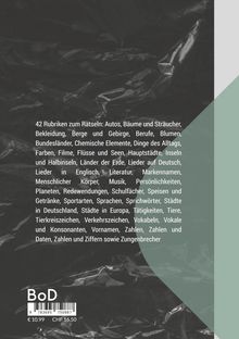 42 Rubriken zum Rätseln: Autos, Bäume, Berufe, Filme, Städte, Sprachen. Schwarzer Hintergrund mit hellgrüner Ecke.