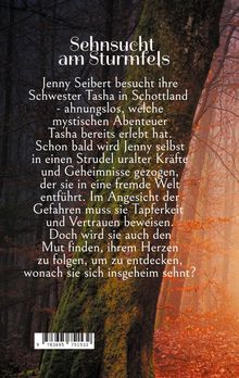 Titel: "Sehnsucht am Sturmfels". Text über Jenny, die ihre Schwester Tasha in Schottland besucht. Hintergrund: Wald im Nebel.