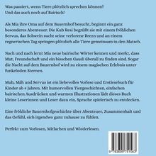 Texte beschreiben ein Kinderbuchabenteuer auf einem Bauernhof mit sprechenden Tieren und bayerischen Ausdrücken. Rechts unten ist ein Barcode zu sehen. Hintergrund in Hellblau.