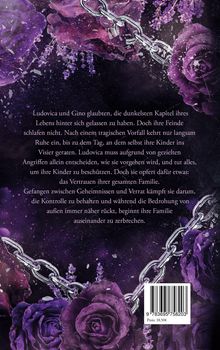 Text über Ludovica und Gino, die ihre Familie schützen. Hintergrund mit violetten Rosen und Ketten. Preis: 18,50€.