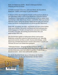 Text oben: "Bodo, der Bodensee-Delfin - Band 3: Hafengeschichten. See- gang mit Herz & Flosse". Hintergrund: Zeichnung mit See und Steg.