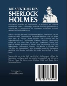 Weißer Text auf dunkelblauem Hintergrund. Titel: "DIE ABENTEUER DES SHERLOCK HOLMES". Illustration: Sherlock Holmes mit Pfeife.